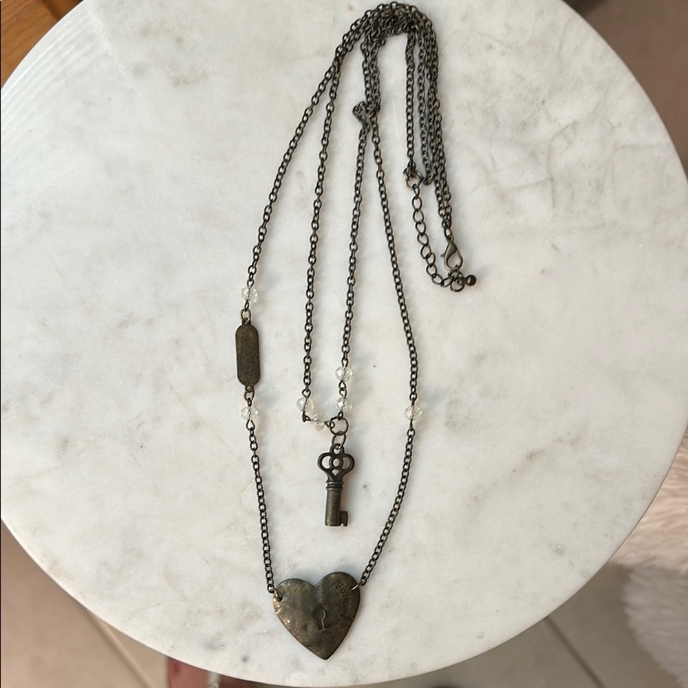 Antique Bronze Heart and Key Necklace